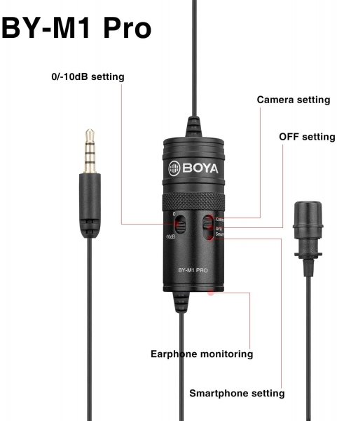 BOYA by-M1 Pro Omnidirectional Lavalier Microphone Clip-on Lapel Mic for Smartphones, DSLRs, Camcorders, Audio Recorders, PC Recording
