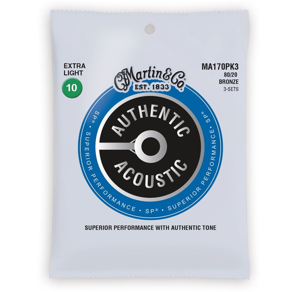 Martin 3 Pack MA170PK3 SP 80/20 Bronze Authentic Acoustic Guitar Strings Extra Light 10-47