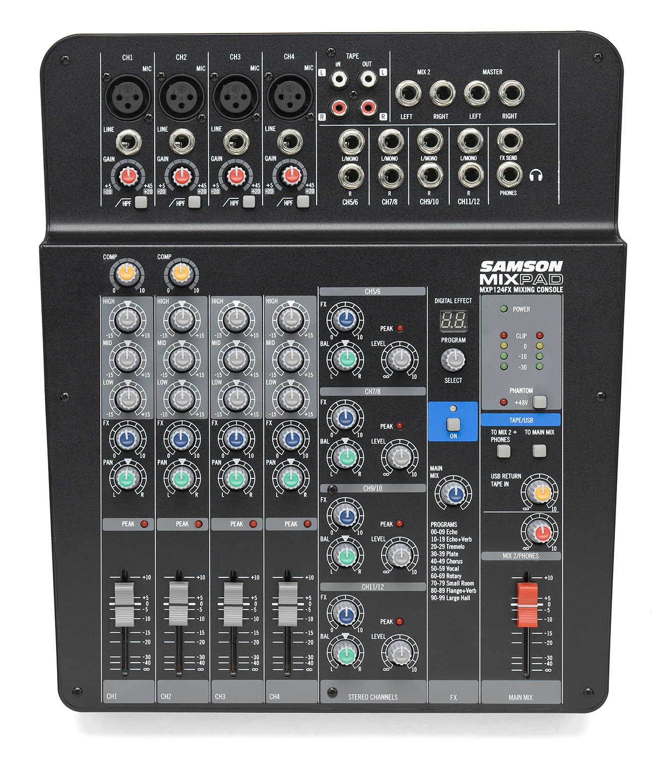 MixPad® MXP124FX - Compact, 12-Input Analog Stereo Mixer with Effects and USB